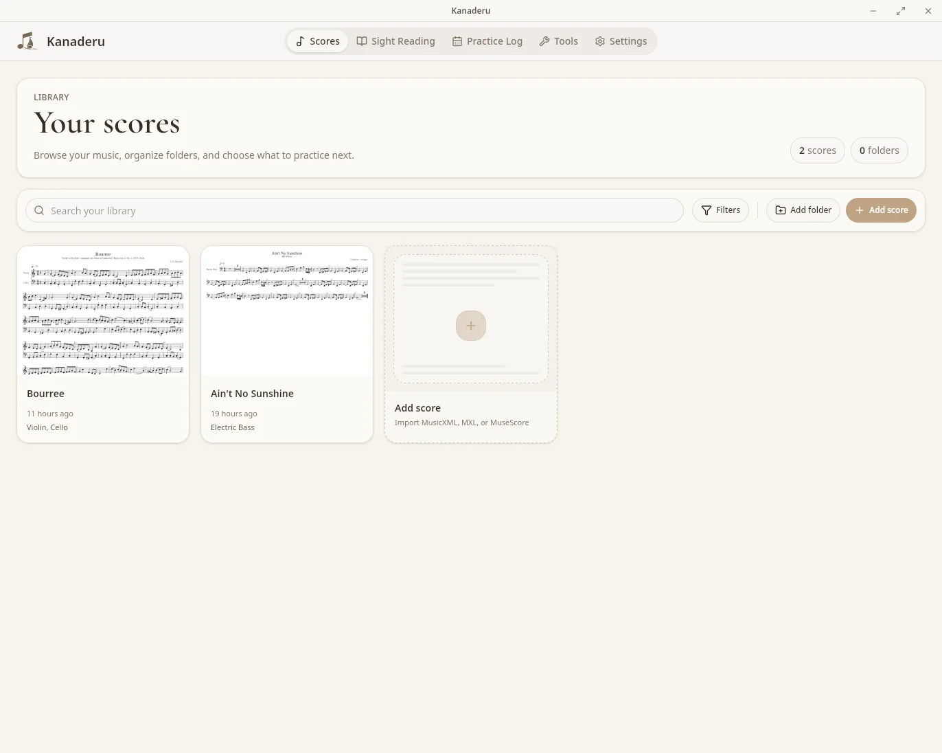 Kanaderu score library with imported MusicXML scores.