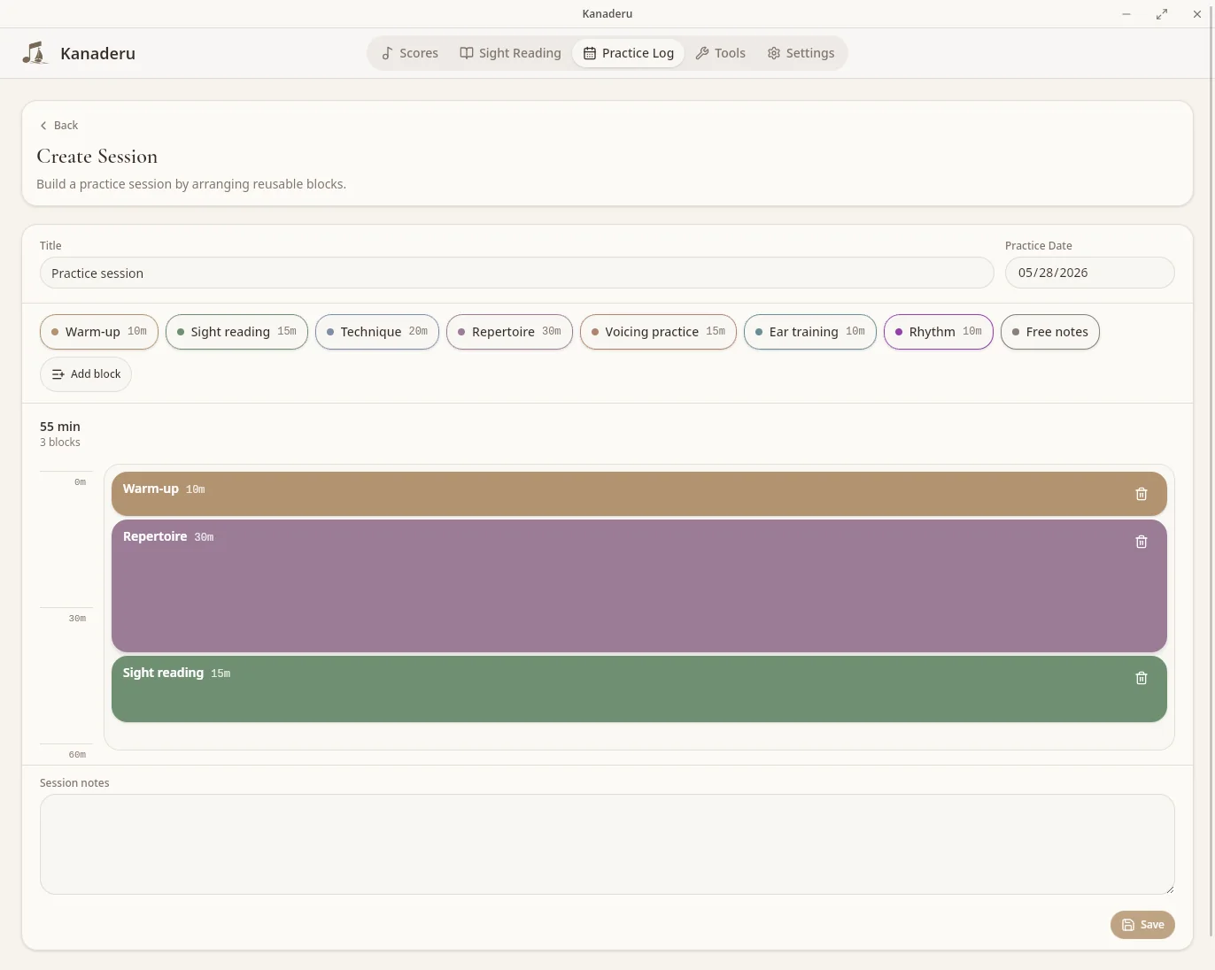 Kanaderu practice log session planner.